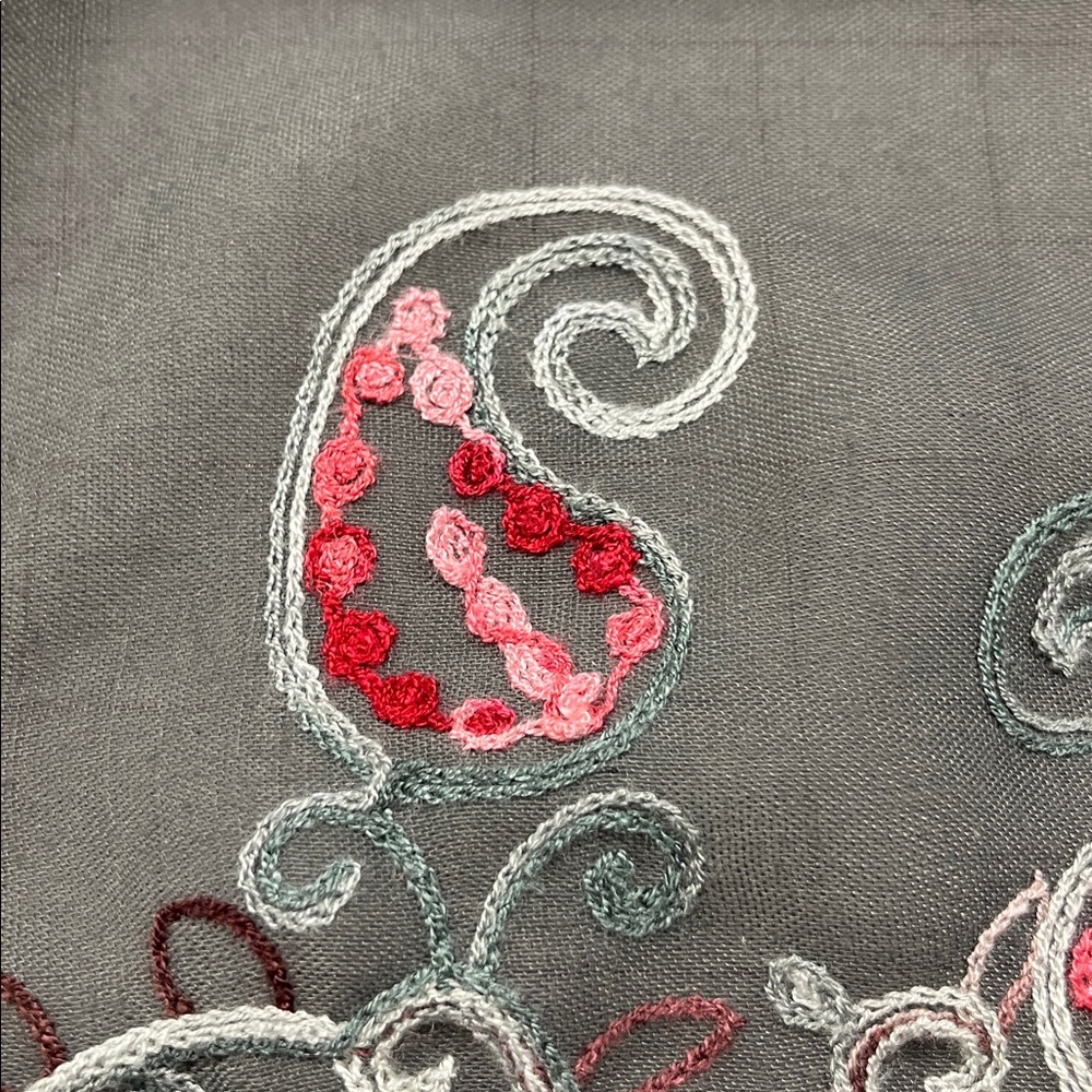 BOHO Granola Girl Paisley/Foliage Border Embroidered 28' x 74" Grey Sage Scarf - Picture 9 of 15